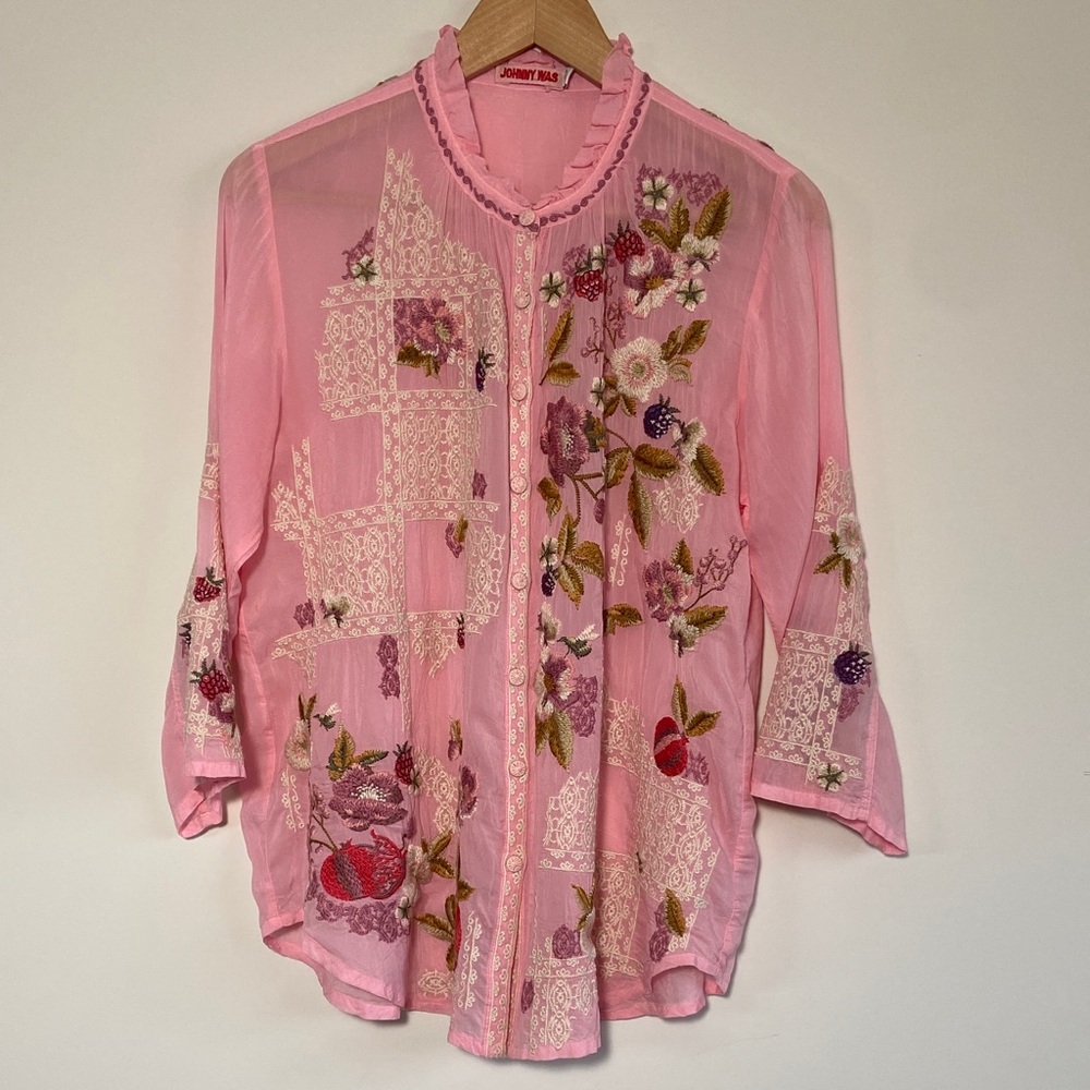 Johnny Was Pink Embroidered Blouse